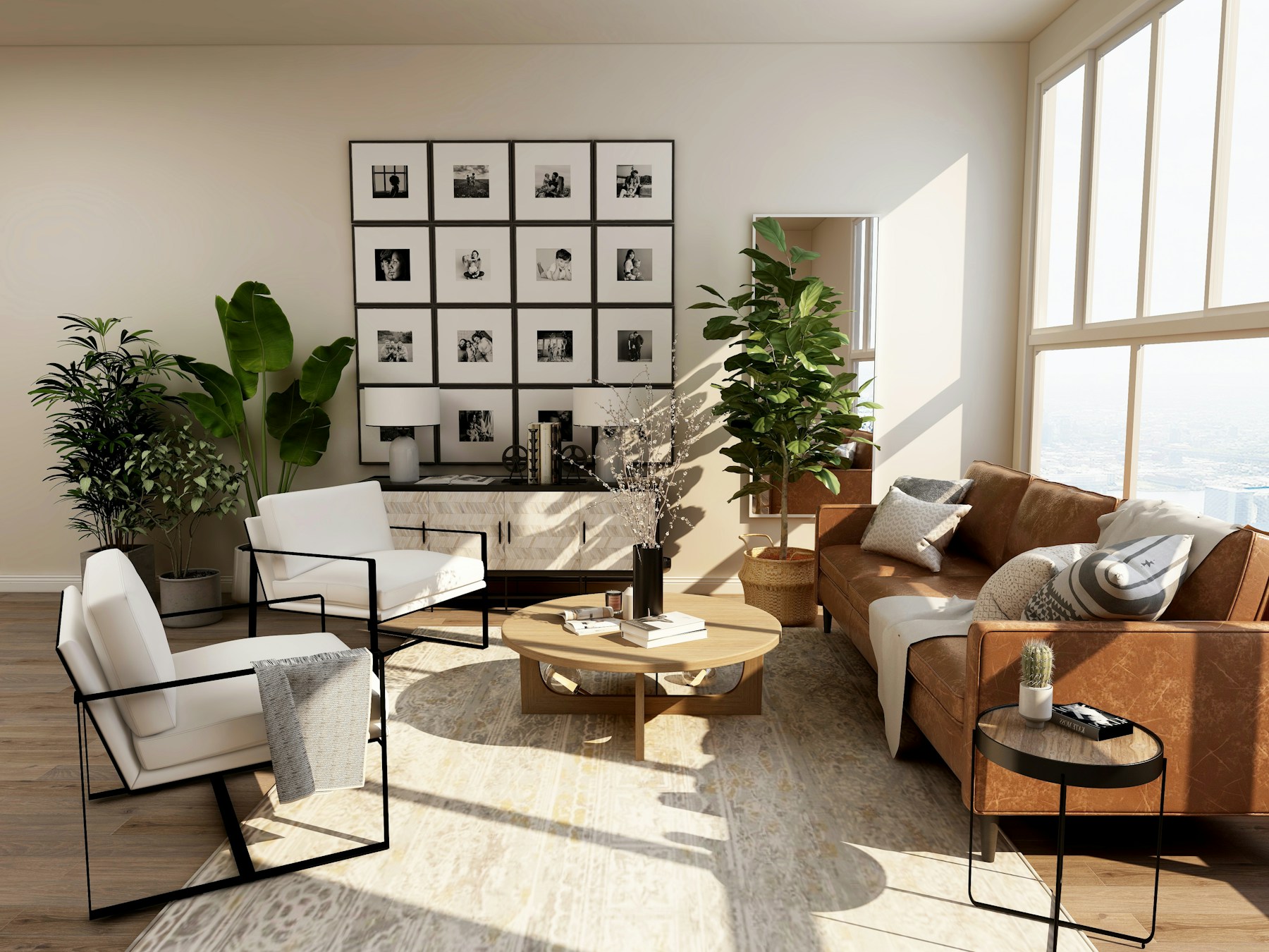 Sala de estar com sofá, plantas e iluminação natural